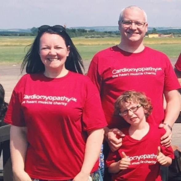 Marty with his mum and dad in their Cardiomyopathy UK t-shirts 